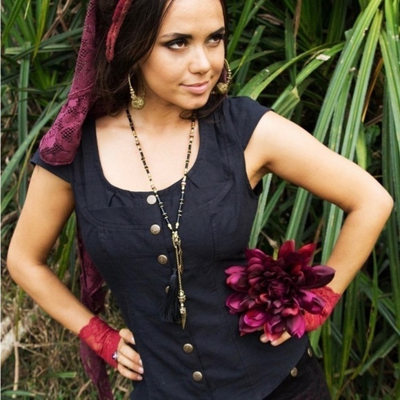 Timjan Design Tops - Timjan Black Amber Long Linen Vest lace up S